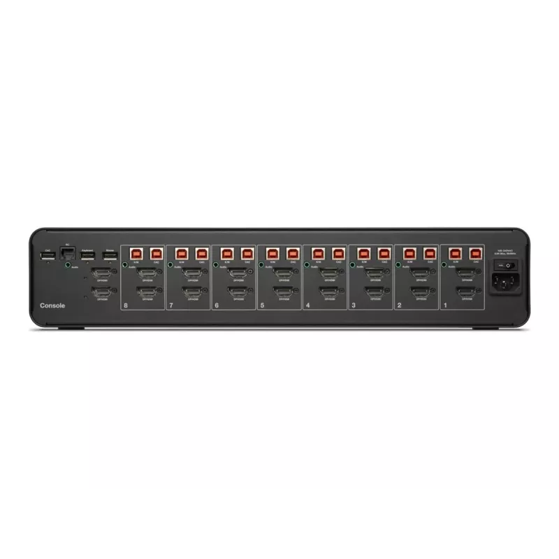 KVM jungiklis Belkin F1DN208KVM-UN-4 — 8 prievadų, dviejų monitorių HDMI/DisplayPort, USB klaviatūra ir pelė, 4K@60Hz, montavimas į stelažą, juodas