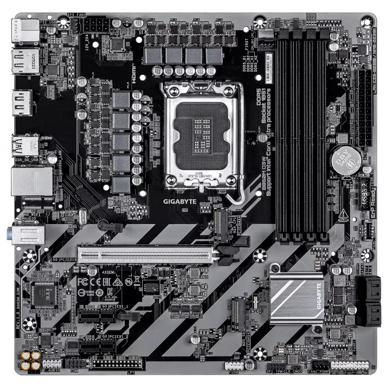 GIGABYTE B860M D3W pagrindinė plokštė – Intel Core Ultra serijos procesoriams, 4+1+2 VRM fazės, iki 9066MHz DDR5, 2xPCIe 4.0 M.2, 1GbE LAN, USB 3.2 Gen 1