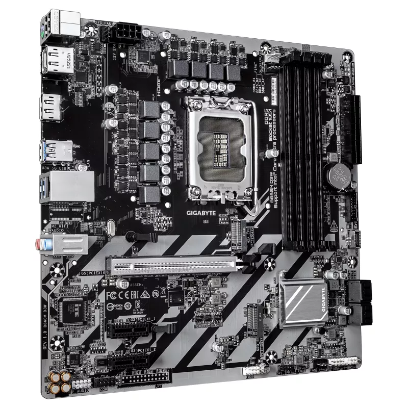 GIGABYTE B860M D3W pagrindinė plokštė – Intel Core Ultra serijos procesoriams, 4+1+2 VRM fazės, iki 9066MHz DDR5, 2xPCIe 4.0 M.2, 1GbE LAN, USB 3.2 Gen 1