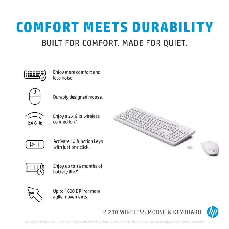 HP 230 belaidis pelių ir klaviatūrų rinkinys, baltas, su pele