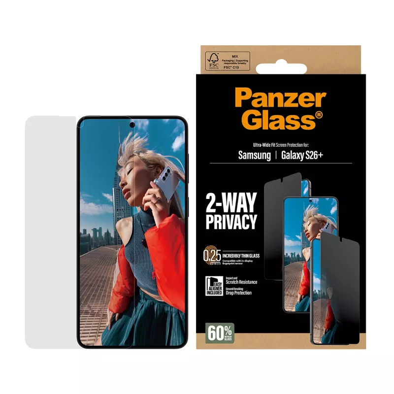PanzerGlass ® 2-Way privatumo ekrano apsauga, skirta Samsung Galaxy S26+ | Ultra-Wide Fit su EasyAligner