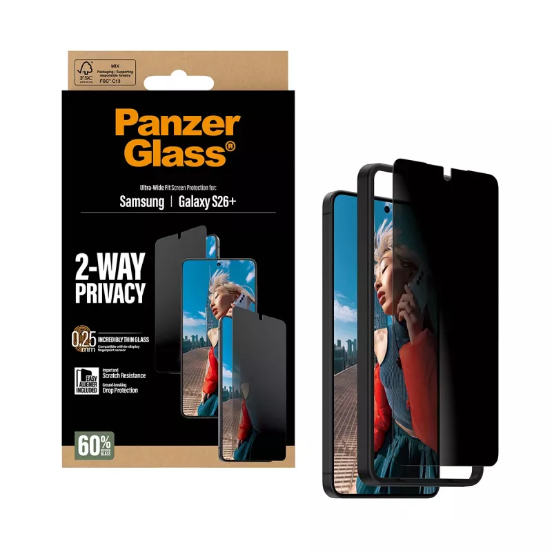 PanzerGlass ® 2-Way privatumo ekrano apsauga, skirta Samsung Galaxy S26+ | Ultra-Wide Fit su EasyAligner
