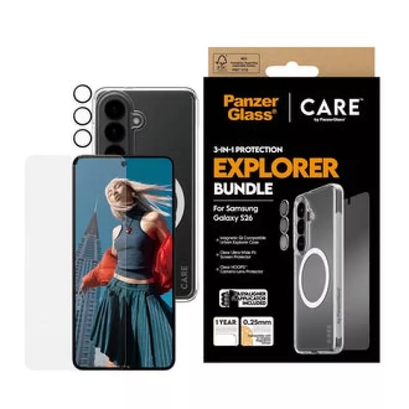 Apsauginis stiklas PanzerGlass CARE 3-in-1, skirta Samsung Galaxy S (2026)