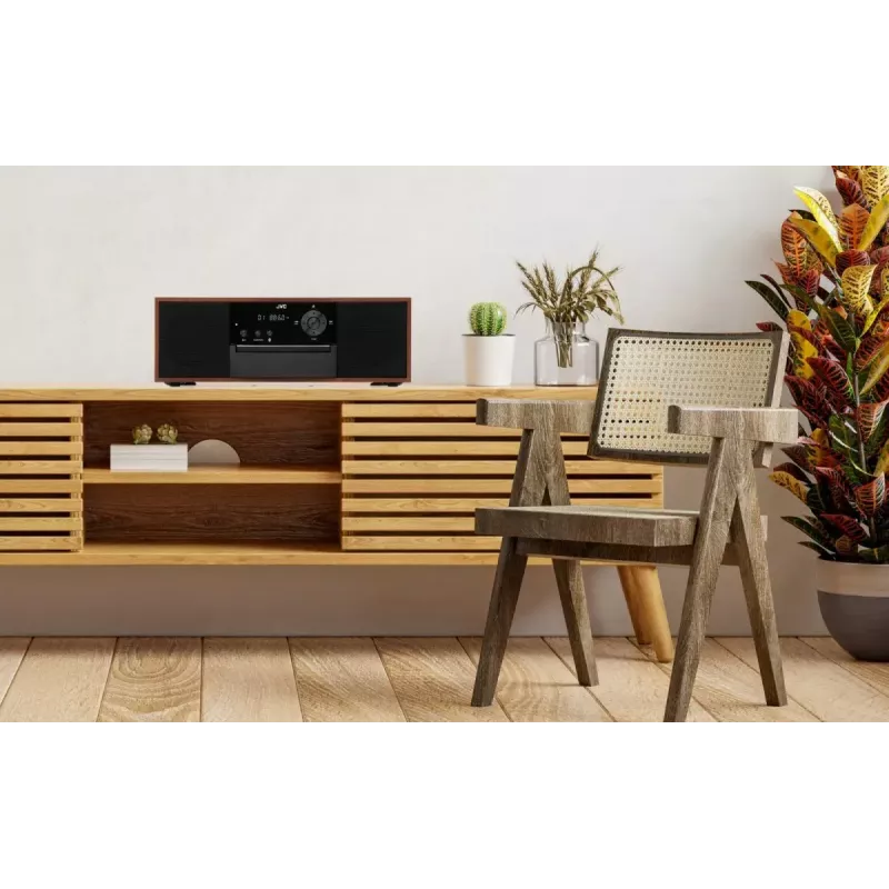 Mini bokštinė muzikos sistema JVC RD-E761, 2x8W RMS, Bluetooth 4.2, USB, CD, FM, medinis korpusas, juoda