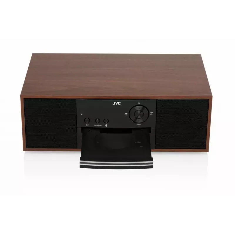 Mini bokštinė muzikos sistema JVC RD-E761, 2x8W RMS, Bluetooth 4.2, USB, CD, FM, medinis korpusas, juoda