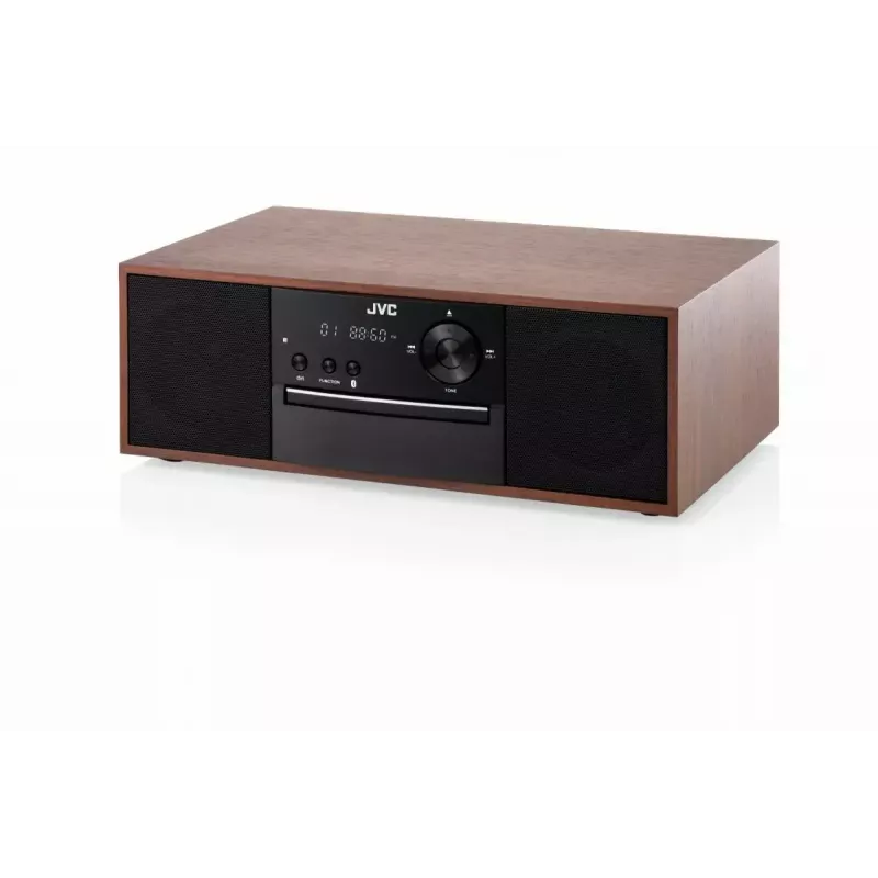 Mini bokštinė muzikos sistema JVC RD-E761, 2x8W RMS, Bluetooth 4.2, USB, CD, FM, medinis korpusas, juoda
