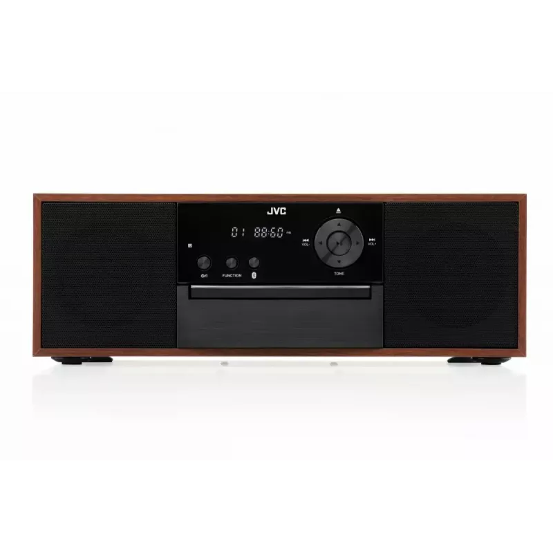 Mini bokštinė muzikos sistema JVC RD-E761, 2x8W RMS, Bluetooth 4.2, USB, CD, FM, medinis korpusas, juoda