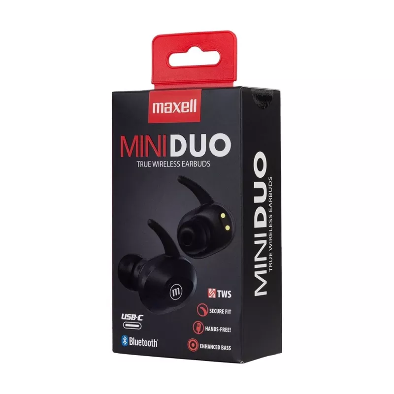 MAXELL MINI DUO belaidės ausinės į ausį su įkrovimo dėklu Juodos