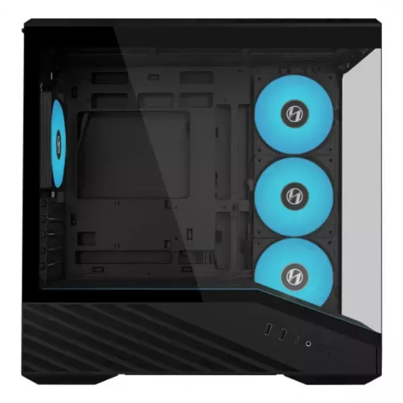 Mini bokso korpusas Lian Li Vector V100R MINI — Mini-ITX/Micro-ATX, grūdintas stiklas, 3x120 mm šoniniai + 1x120 mm galiniai ventiliatoriai, 2x 2,5 colio + 1x 3,5 colio diskų vietos, juodas