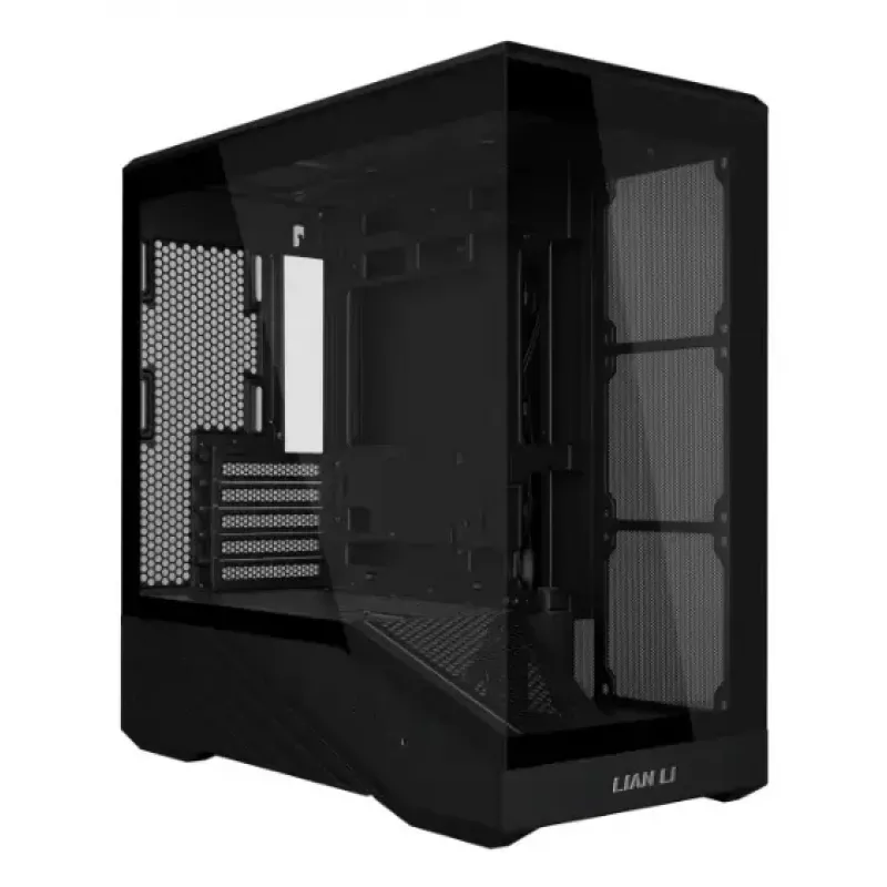 Mini bokso korpusas Lian Li Vector V100R MINI — Mini-ITX/Micro-ATX, grūdintas stiklas, 3x120 mm šoniniai + 1x120 mm galiniai ventiliatoriai, 2x 2,5 colio + 1x 3,5 colio diskų vietos, juodas