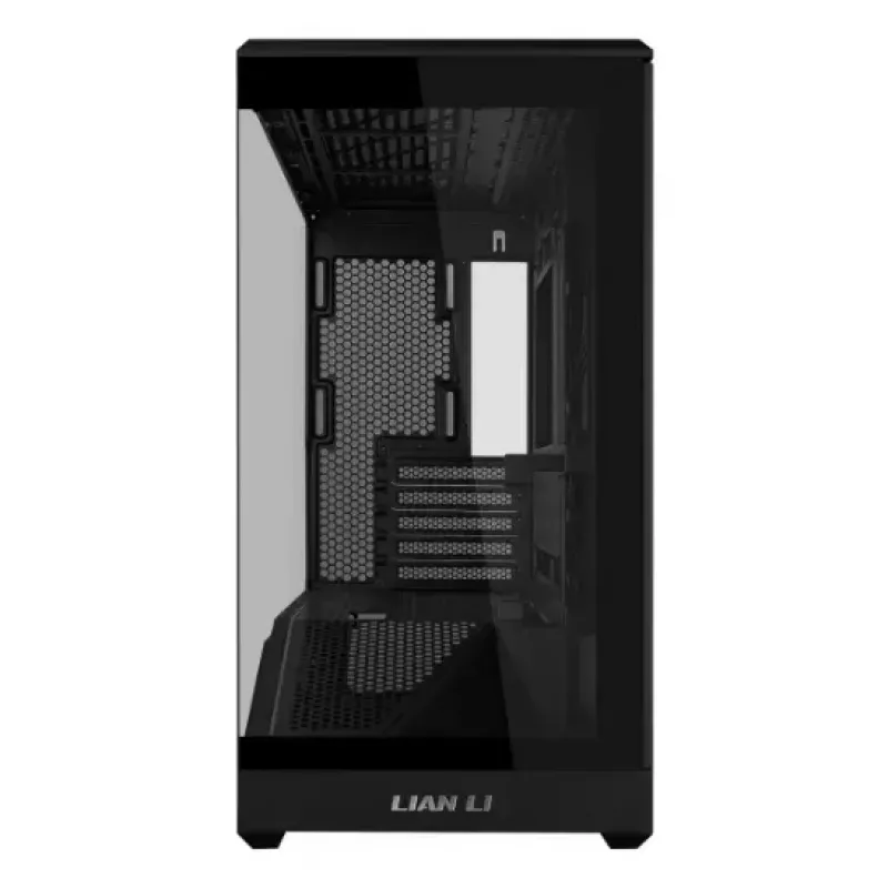 Mini bokso korpusas Lian Li Vector V100R MINI — Mini-ITX/Micro-ATX, grūdintas stiklas, 3x120 mm šoniniai + 1x120 mm galiniai ventiliatoriai, 2x 2,5 colio + 1x 3,5 colio diskų vietos, juodas