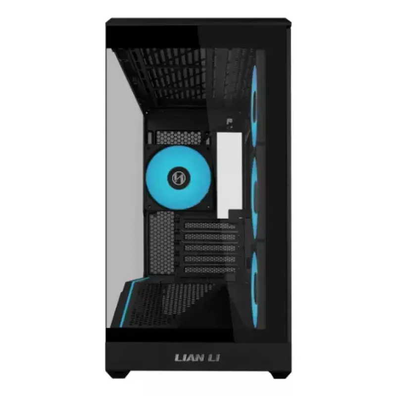 Mini bokso korpusas Lian Li Vector V100R MINI — Mini-ITX/Micro-ATX, grūdintas stiklas, 3x120 mm šoniniai + 1x120 mm galiniai ventiliatoriai, 2x 2,5 colio + 1x 3,5 colio diskų vietos, juodas