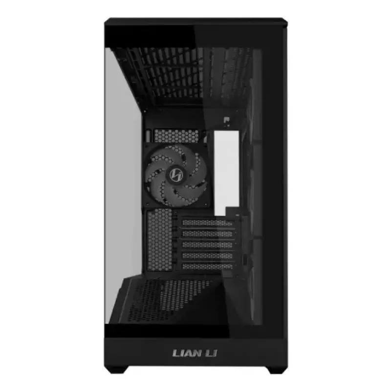 Mini bokso korpusas Lian Li Vector V100R MINI — Mini-ITX/Micro-ATX, grūdintas stiklas, 3x120 mm šoniniai + 1x120 mm galiniai ventiliatoriai, 2x 2,5 colio + 1x 3,5 colio diskų vietos, juodas