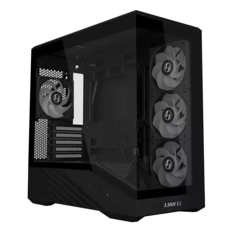 Mini bokso korpusas Lian Li Vector V100R MINI — Mini-ITX/Micro-ATX, grūdintas stiklas, 3x120 mm šoniniai + 1x120 mm galiniai ventiliatoriai, 2x 2,5 colio + 1x 3,5 colio diskų vietos, juodas