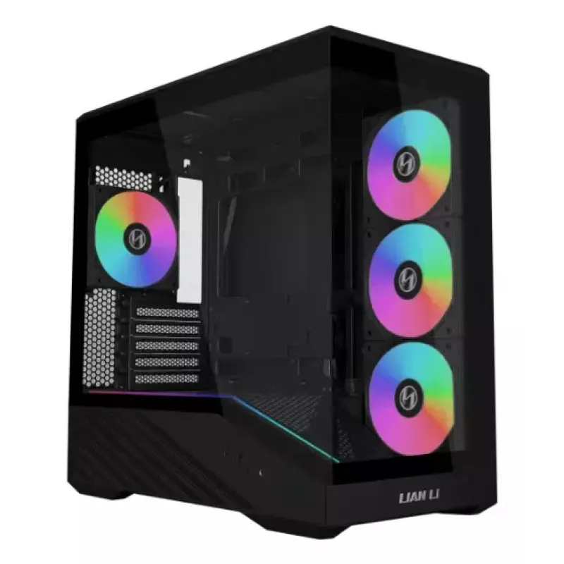 Mini bokso korpusas Lian Li Vector V100R MINI — Mini-ITX/Micro-ATX, grūdintas stiklas, 3x120 mm šoniniai + 1x120 mm galiniai ventiliatoriai, 2x 2,5 colio + 1x 3,5 colio diskų vietos, juodas