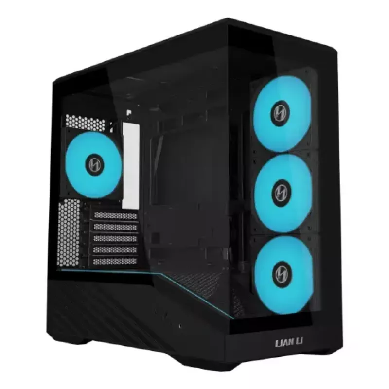 Mini bokso korpusas Lian Li Vector V100R MINI — Mini-ITX/Micro-ATX, grūdintas stiklas, 3x120 mm šoniniai + 1x120 mm galiniai ventiliatoriai, 2x 2,5 colio + 1x 3,5 colio diskų vietos, juodas