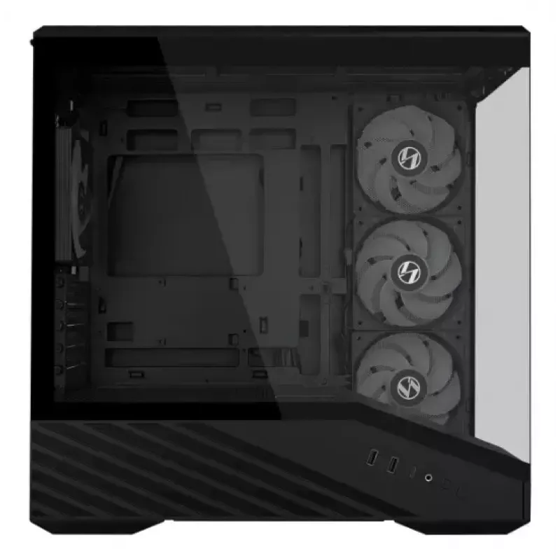 Mini bokso korpusas Lian Li Vector V100R MINI — Mini-ITX/Micro-ATX, grūdintas stiklas, 3x120 mm šoniniai + 1x120 mm galiniai ventiliatoriai, 2x 2,5 colio + 1x 3,5 colio diskų vietos, juodas