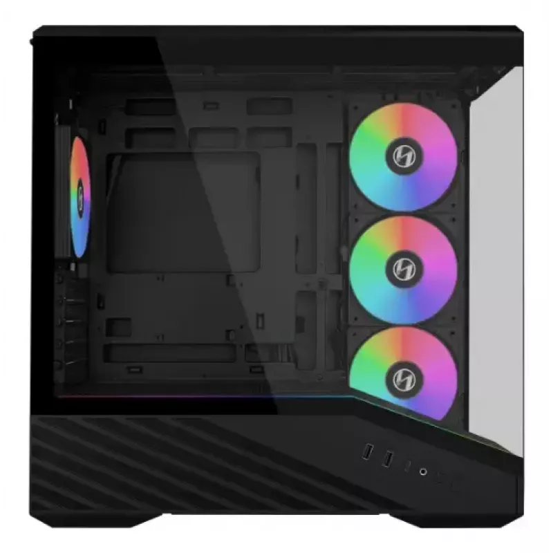 Mini bokso korpusas Lian Li Vector V100R MINI — Mini-ITX/Micro-ATX, grūdintas stiklas, 3x120 mm šoniniai + 1x120 mm galiniai ventiliatoriai, 2x 2,5 colio + 1x 3,5 colio diskų vietos, juodas