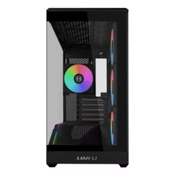 Mini bokso korpusas Lian Li Vector V100R MINI — Mini-ITX/Micro-ATX, grūdintas stiklas, 3x120 mm šoniniai + 1x120 mm galiniai ventiliatoriai, 2x 2,5 colio + 1x 3,5 colio diskų vietos, juodas
