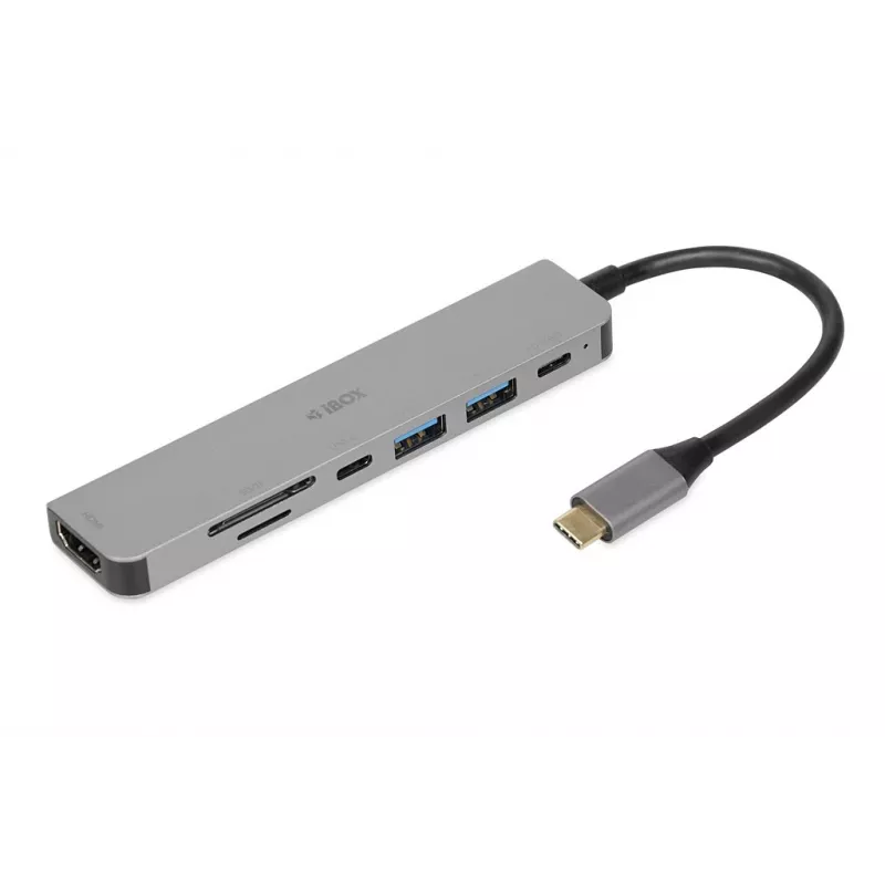 Docking stotelė IBOX IUH3SL4K USB Type-C 5 Gbit/s, HDMI 4K@30Hz, PD iki 100W, 2x USB-A, 2x USB-C, kortelių skaitytuvas, sidabrinė