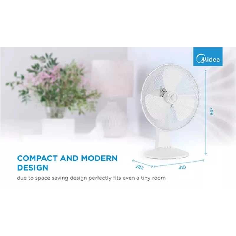 Stalo ventiliatorius Midea FT40-21M — 40 cm skersmuo, 3 greičiai, svyravimas, 25 W, baltas