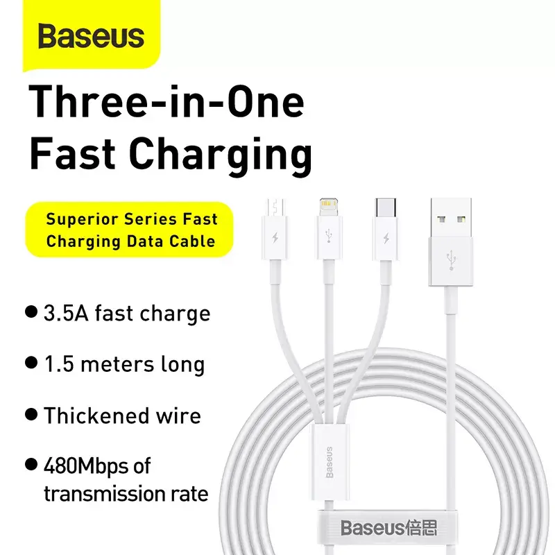 USB laidas Baseus Superior USB 2.0 1,5 m USB A / USB-C / Micro USB / Lightning baltas