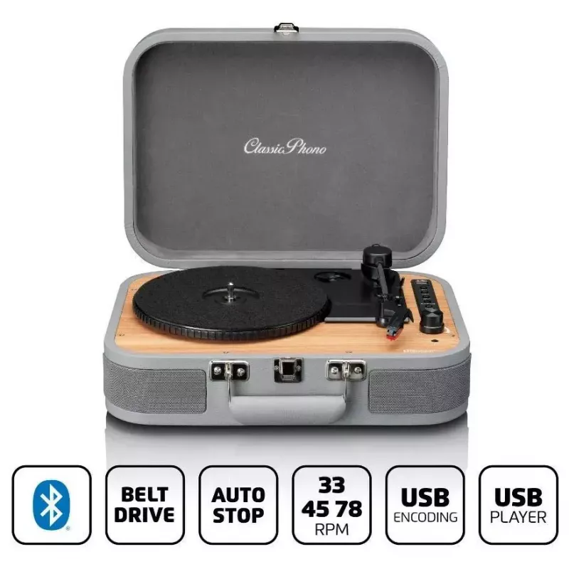 Patefonas lagaminėlis Lenco TT-116GR nešiojamas vinilinis grotuvas su Bluetooth 5.0, USB, AUX, įmontuotais garsiakalbiais, 4W, palaiko 7/10/12 colių plokšteles