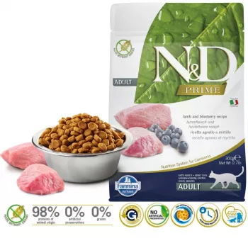 FARMINA N&D Prime Cat Ėriena ir Mėlynės Suaugusiems - sausas kačių ėdalas - 300 g