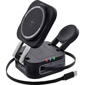 Belaidis 3 viename įkroviklis InLine 33392T ausinėms, išmaniesiems telefonams ir laikrodžiams, USB maitinimas 9/12 V, juodas