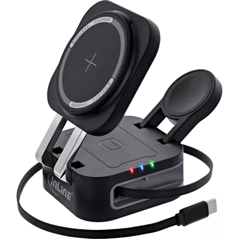 Belaidis 3 viename įkroviklis InLine 33392T ausinėms, išmaniesiems telefonams ir laikrodžiams, USB maitinimas 9/12 V, juodas