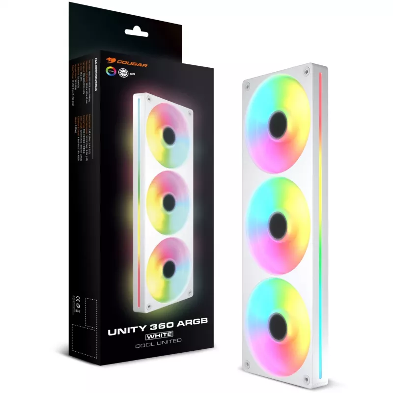 COUGAR Unity360-FB 360 mm vieno rėmo ARGB PWM atvirkštinis ventiliatorių rinkinys, 120 mm x3, 700–1600 RPM, FDB, baltas