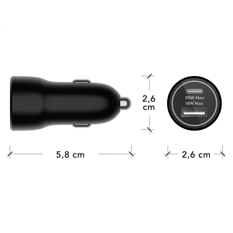 Automobilinis kroviklis d bramante re-charge — USB-C 30W + USB-A 18W, 12–24V, juodas