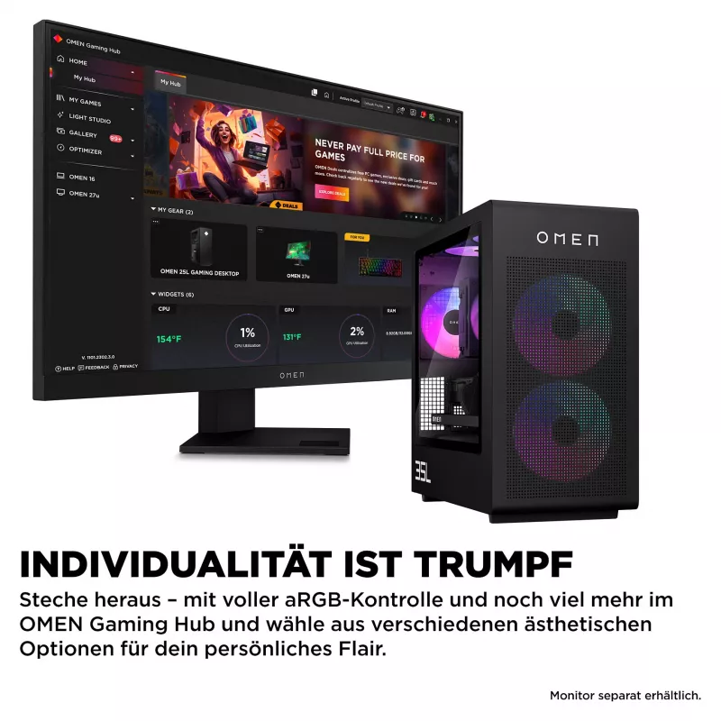 OMEN stalinis žaidimų kompiuteris GT16-1173ng - AMD Ryzen 7 9800X3D, 64 GB RAM, 2 TB SSD, Radeon 9700 XT 16 GB, Windows 11 Home