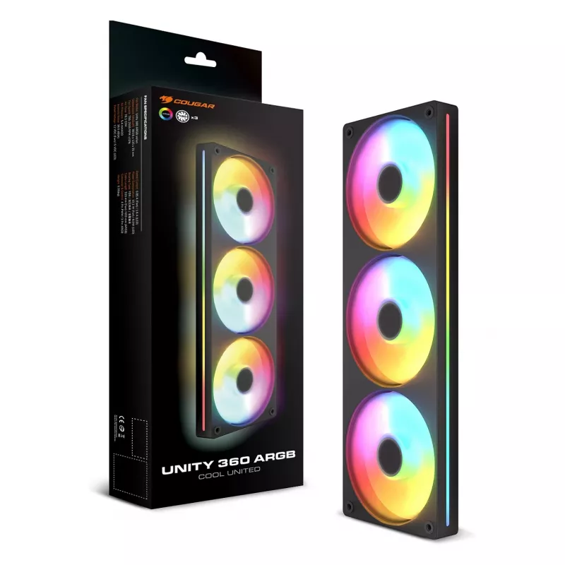 Ventiliatorių rinkinys COUGAR Unity360-FB Vieno rėmo 360 ARGB PWM Reversed, 120 mm, 700–1600 RPM, FDB, Juodas