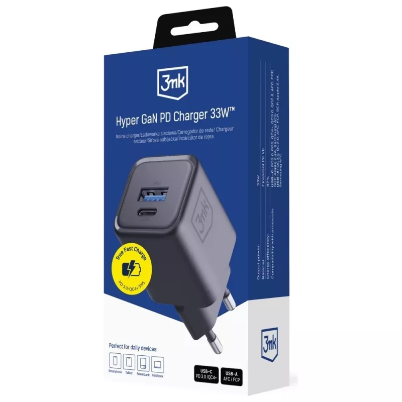 3MK Hyper Charger PD 33W GaN QC4+ juodas – 33W PD greitasis įkroviklis su GaN technologija