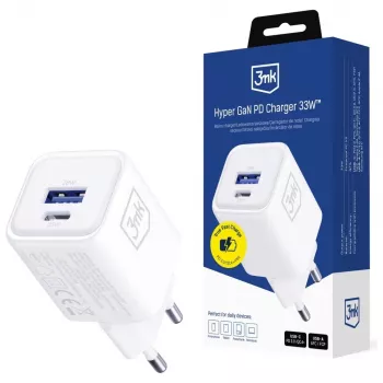 Sieninis įkroviklis 3MK Hyper Charger PD 33W GaN QC4+ baltas — USB‑C PD 33W, GaN, Quick Charge 4+
