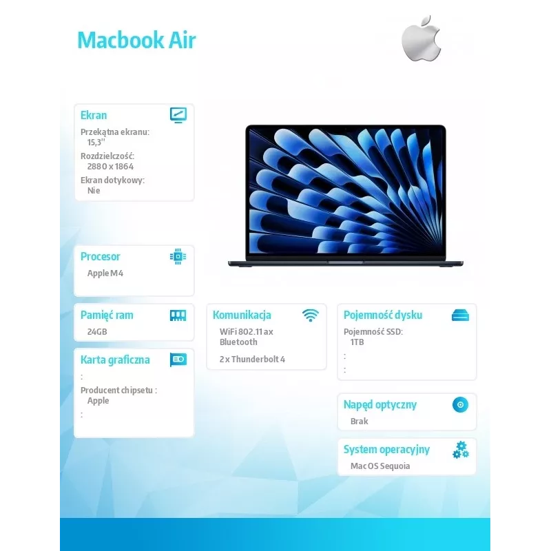 Nešiojamas kompiuteris Apple MacBook Air M4 15,3 colio 24GB 1TB macOS Midnight 70W