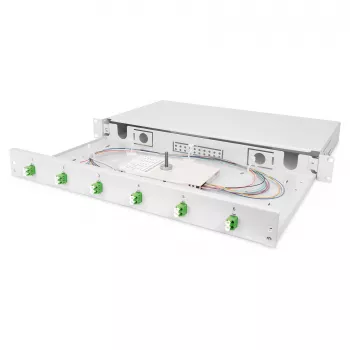 Šviesolaidžių sujungimo dėžė DIGITUS DN-96330/9APC 1U, su 6x LC-APC DX, OS2, polimeras/plienas, šviesiai pilka