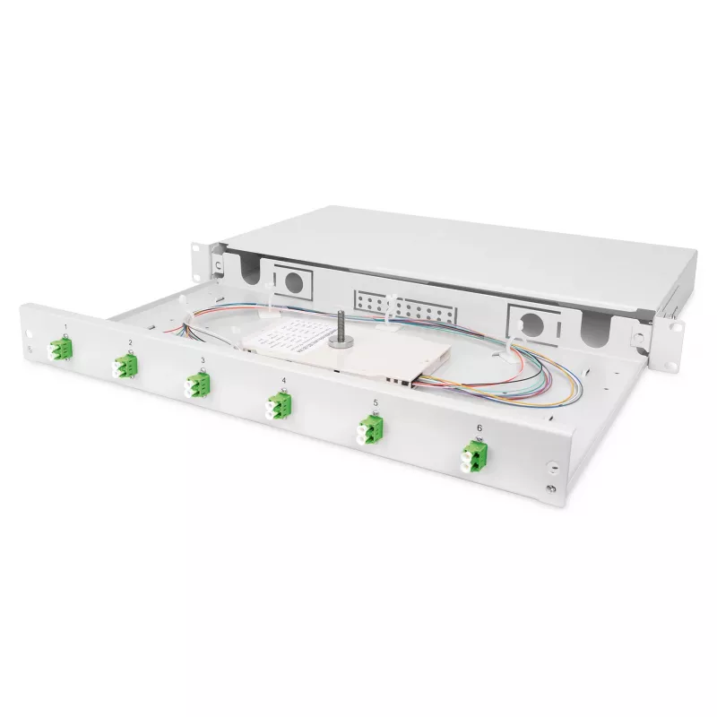 Šviesolaidžių sujungimo dėžė DIGITUS DN-96330/9APC 1U, su 6x LC-APC DX, OS2, polimeras/plienas, šviesiai pilka