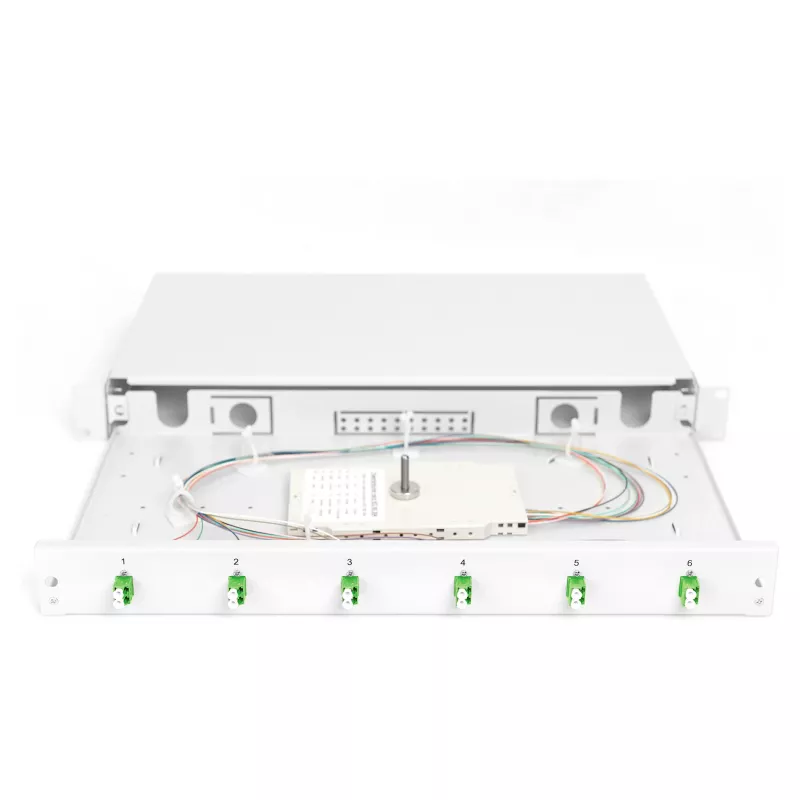 Šviesolaidžių sujungimo dėžė DIGITUS DN-96330/9APC 1U, su 6x LC-APC DX, OS2, polimeras/plienas, šviesiai pilka