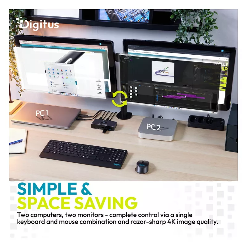 KVM jungiklis DIGITUS DS-12856 USB-C/USB-A 2 prievadų Dual HDMI 4K60Hz (USB 3.2 Gen 1)