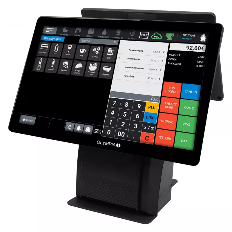 Visapusis terminalas Olympia T215K 15 colių (38,1 cm) jutiklinis ekranas, Android 11, tiesioginės šiluminės spausdinimo įrenginys (8 cm), juodas