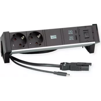 Maitinimo modulis Bachmann DESK2 ALU BLACK – stalinis lizdų blokas su 2x CEE7/3 kištukiniais lizdais, 1,0 m kabeliu, 1x USB įkrovikliu 22W