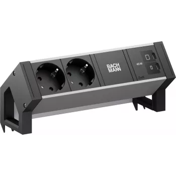 Bachmann DESK2 ALU Black jungiamoji juosta su 2x CEE7/3 ir 1x USB-C/C 45W, juoda RAL9005