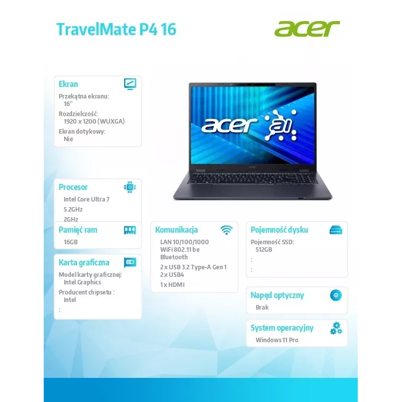Nešiojamas kompiuteris Acer TravelMate P4 TMP416-54-TCO, Intel Ultra 7 255U, 16GB RAM, 512GB SSD, Windows 11 Pro