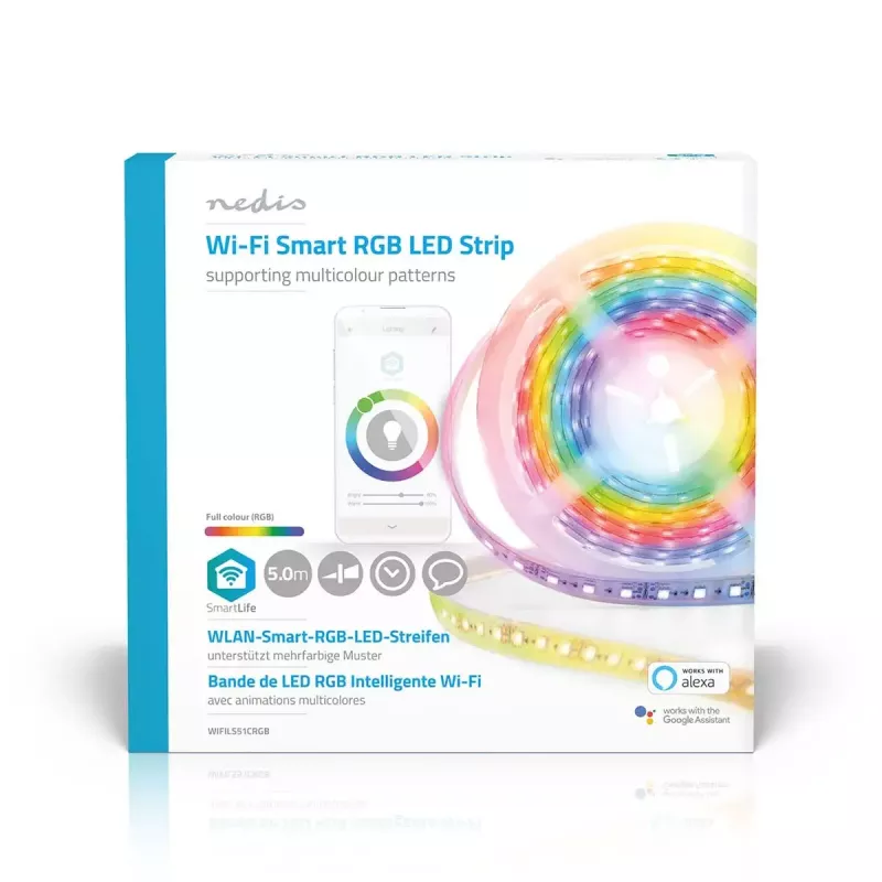 Nedis WIFILS51CRGB protinga juostinė šviesa Wi‑Fi, RGB, 24 W, 1 m laidas, 12 mm plotis