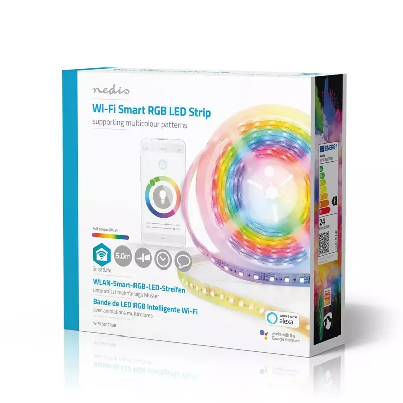 Nedis WIFILS51CRGB protinga juostinė šviesa Wi‑Fi, RGB, 24 W, 1 m laidas, 12 mm plotis