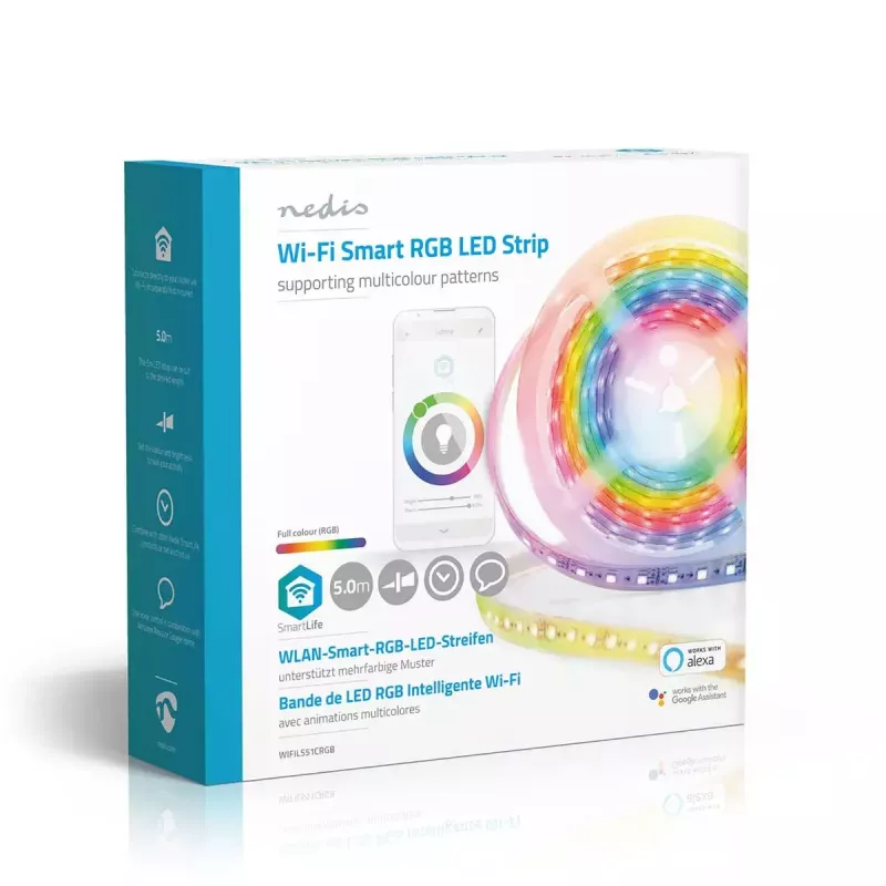 Nedis WIFILS51CRGB protinga juostinė šviesa Wi‑Fi, RGB, 24 W, 1 m laidas, 12 mm plotis