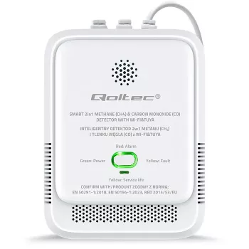 Dujų ir anglies monoksido nuotėkio detektorius QOLTEC 52654 – gamtinių dujų (CH4) ir CO jutiklis su Wi-Fi ir išmaniąja programa