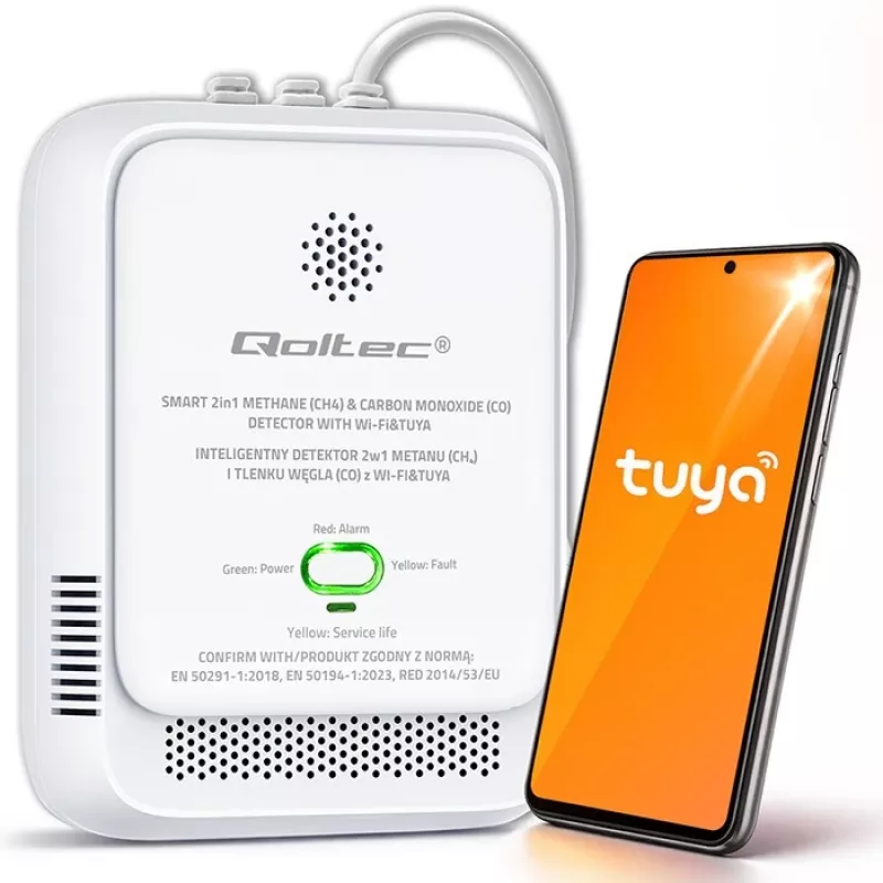 Dujų ir anglies monoksido nuotėkio detektorius QOLTEC 52654 – gamtinių dujų (CH4) ir CO jutiklis su Wi-Fi ir išmaniąja programa
